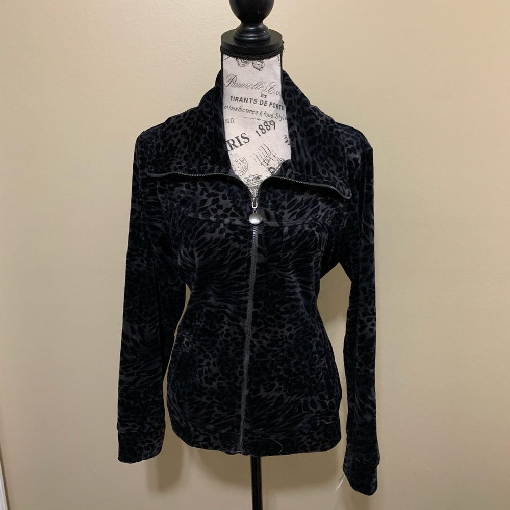 Style & Co Black & Gray Animal Print Velour Jacket Size Large NEW - Picture 2 of 11